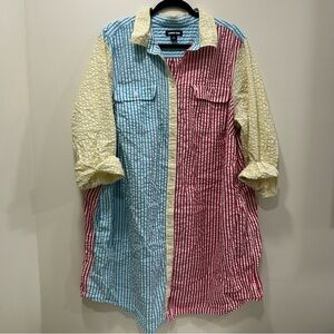 Lands End Seersucker Color Block Shirt Dress